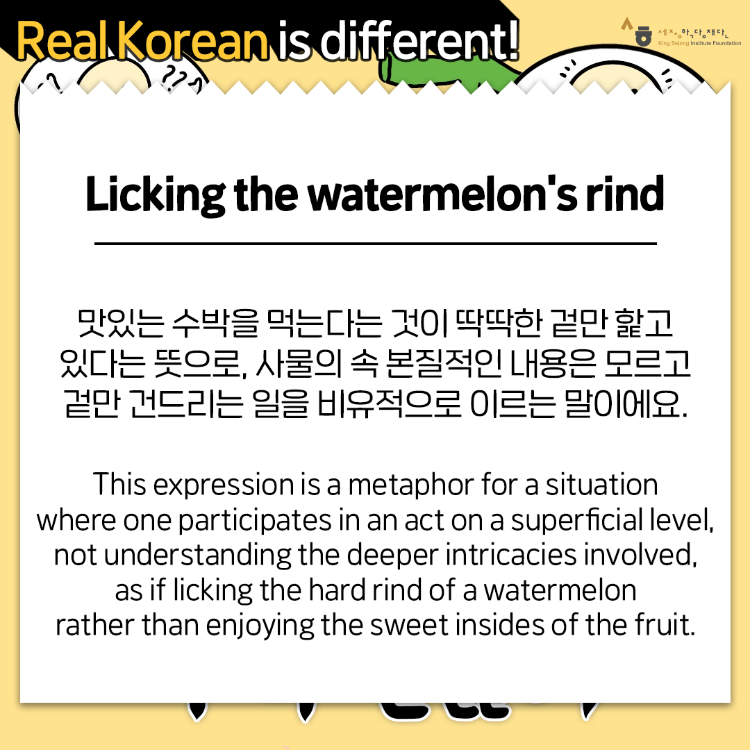 Real Korean is different! Licking the watermelon's rind 맛있는 수박을 먹는다는 것이 딱딱한 겉만 핥고 있다는 뜻으로, 사물의 속 본질적인 내용은 모르고 겉만 건드리는 일을 비유적으로 이르는 말이에요. This expression is a metaphor for a situation where one participates in an act on a superficial level, not understanding the deeper intricacies involved, as if licking the hard rind of a watermelon rather than enjoying the sweet insides of the fruit.