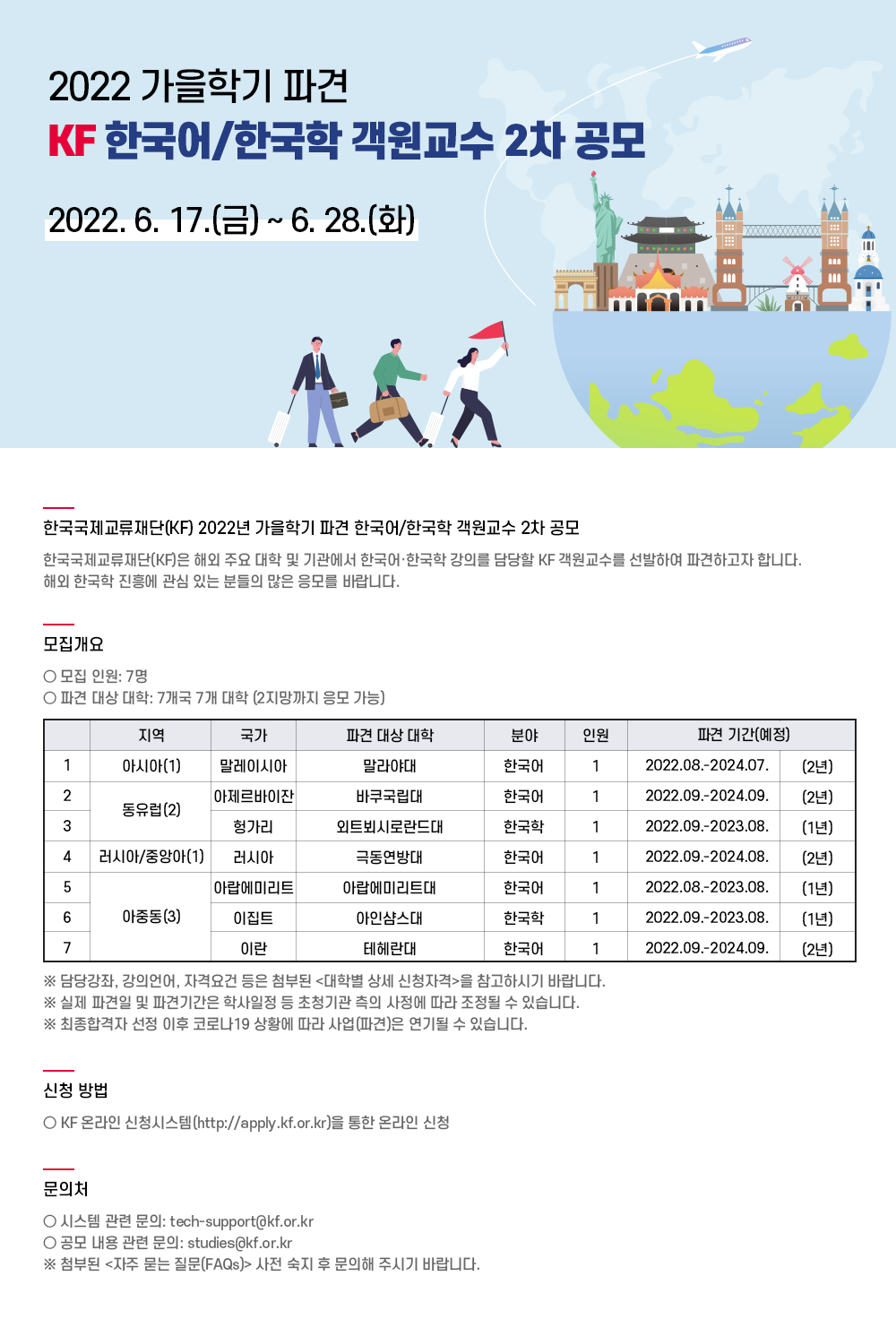 한국국제교류재단 2022년 가을학기 파견 한국어/한국학 객원교수 2차 공모