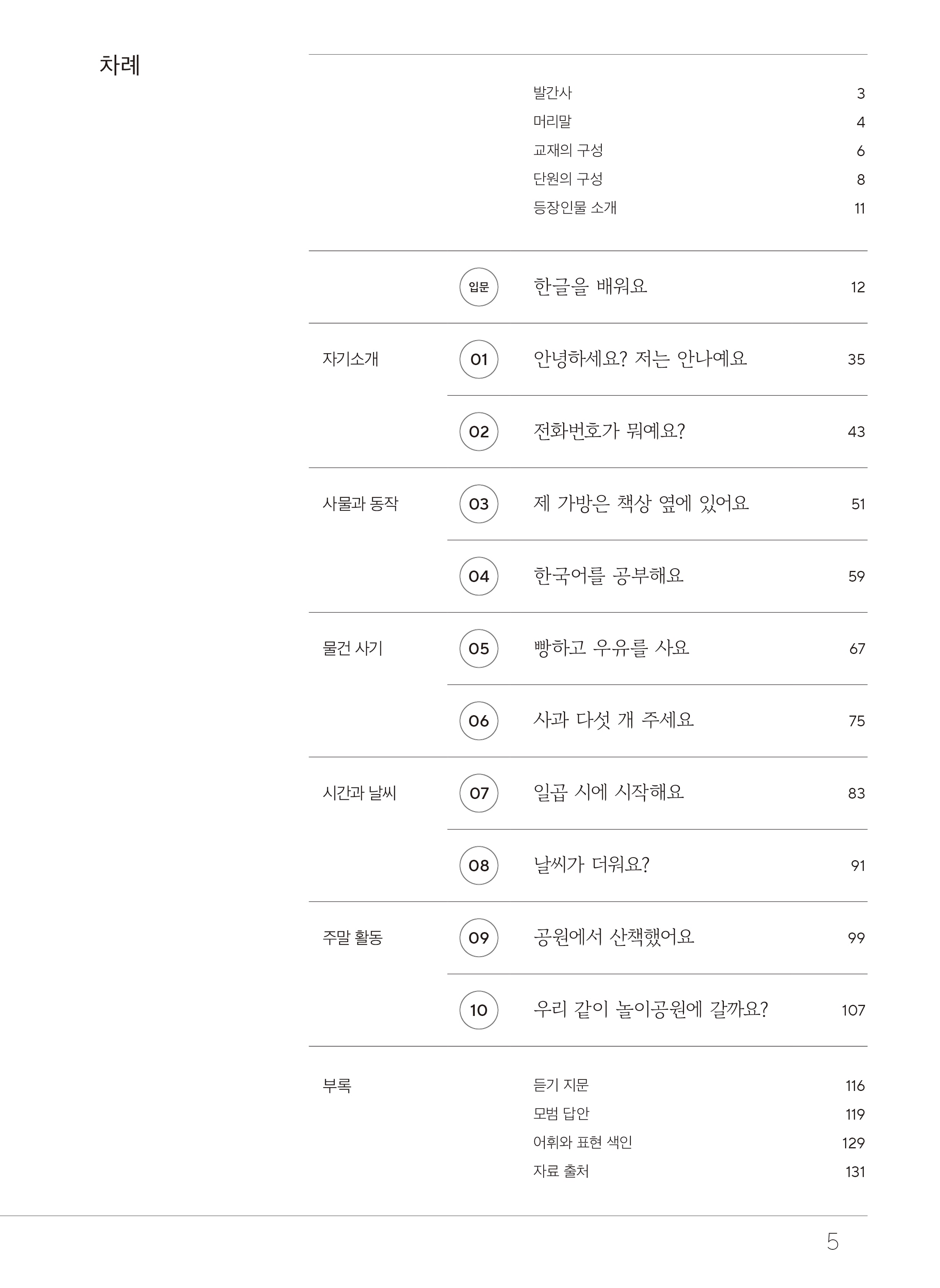 차례 발간사3 머리말4 교재의 구성6 단원의 구성8 등장인물 소개 11 입운 한글을 배워요 12 자기소개 01 안녕하세요? 저는 안나예요 35 02 전화번호가 뭐예요? 43 사물과 동작 03 제 가방은 책상 옆에 있어요. 51 04 한국어를 공부해요. 59 물건 사기 05 빵하고 우유를 사요 67 06 사과 다섯 개 주세요 75 시간과 날씨 07 일곱 시에 시작해요 83 08 날씨가 더워요? 91 주말 활동 09 공원에서 산책했어요 99 10 우리 같이 놀이공원에 갈까요? 107 부록 듣기 지문 116 모범 답안 119 어휘와 표현 색인 129 자료 출처 131