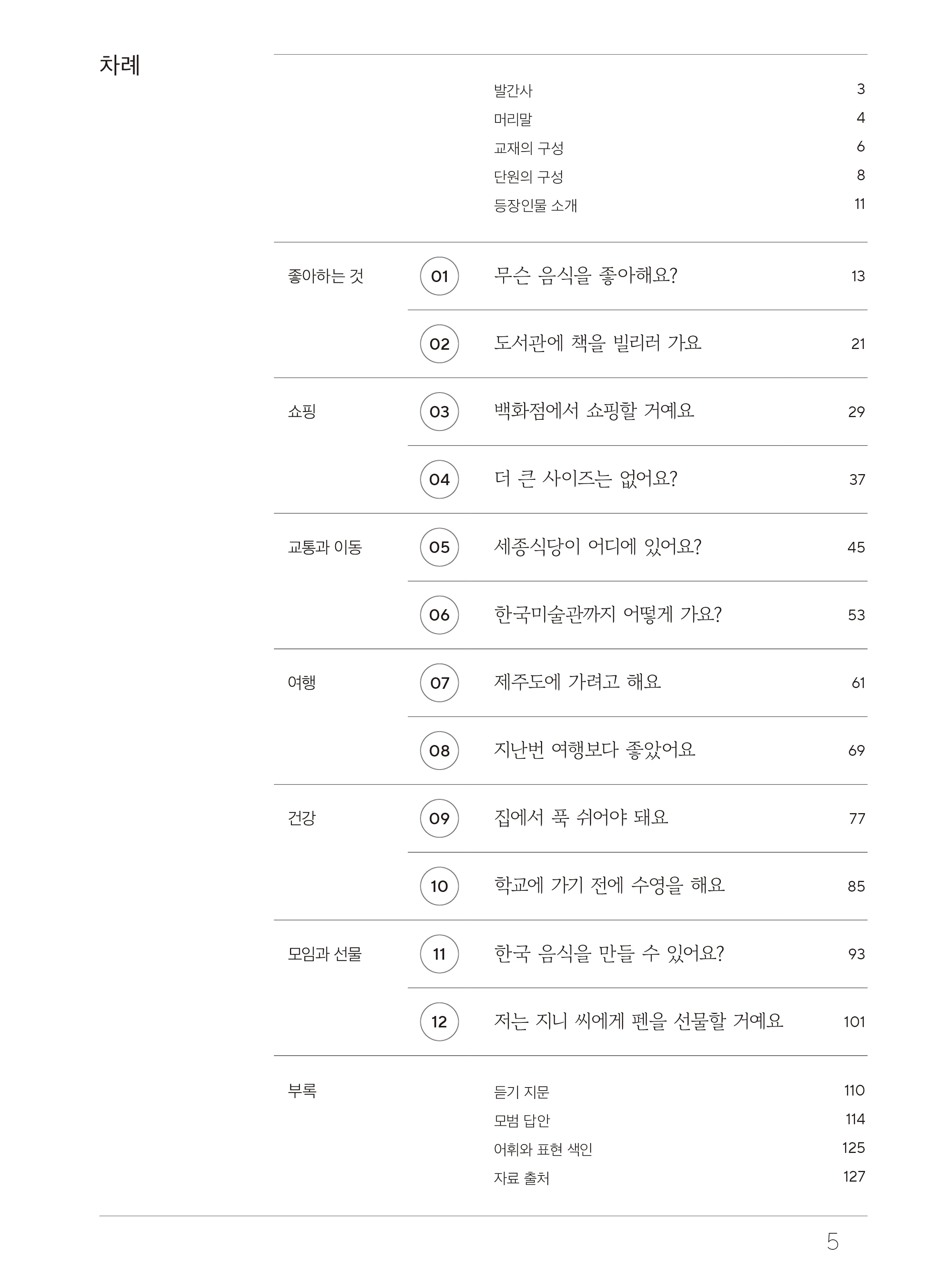 목차 차례 발간사3 머리말4 교재의 구성6 단원의 구성8 등장인물 소개 11  좋아하는 것 01 무슨 음식을 좋아해요? 13 02 도서관에 책을 빌리러 가요 21 쇼핑 03 백화점에서 쇼핑할 거예요. 29 04 더 큰 사이즈는 없어요? 37 교통과 이동 05 세종식당이 어디에 있어요? 45 06 한국미술관까지 어떻게 가요? 53 여행 07 제주도에 가려고 해요 61 08 지난번여행보다 좋았어요69 건강 09 집에서 푹 쉬어야 돼요 77 10 학교에 가기 전에 수영을 해요 85 모임과 선물  11 한국 음식을 만들 수 있어요? 93 12 저는 지니 씨에게 펜을 선물할 거예요 101 부록 듣기 지문 110 모범 답안 114 어휘와 표현 색인 125 자료 출처 127  5