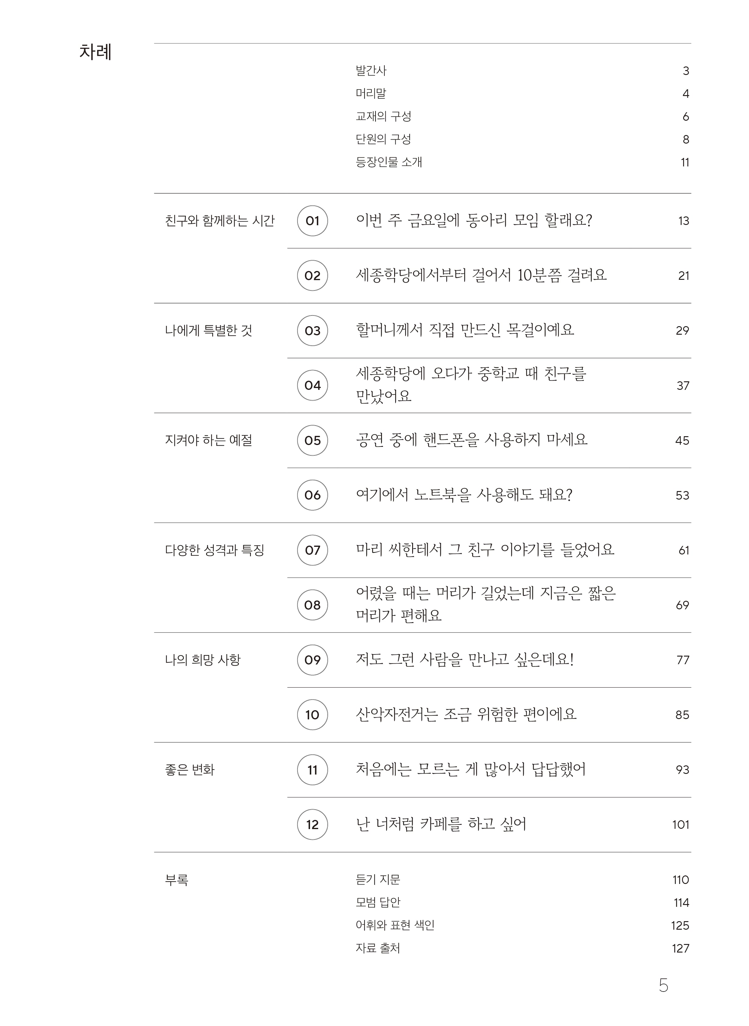 목차 차례 발간사3 머리말4 교재의 구성6 단원의 구성8 등장인물 소개 11  친구와 함께하는 시간 01 이번 주 금요일에 동아리 모임 할래요? 13 02 세종학당에서부터 걸어서 10분쯤 걸려요 21 나에게 특별한 것 03 할머니께서 직접 만드신 목걸이예요 29 04 세종학당에 오다가 중학교 때 친구를 만났어요 37 지켜야 하는 예절 05 공연 중에 핸드폰을 사용하지 마세요 45 06 여기에서 노트북을 사용해도 돼요? 53 다양한 성격과 특징 07 마리 씨한테서 그 친구 이야기를 들었어요 61 08 어렸을 때는 머리가 길었는데 지금은 잛은 머리가 편해요 69 나의 희망 사항 09 저도 그런 사람을 만나고 싶은데요! 77 10 산악자전거는 조금 위험한 편이에요 85 좋은 변화 11 처음에는 모르는 게 많아서 답답했어 93 12 난 너처럼 카페를 하고 싶어 101 부록 듣기 지문 110 모범 답안 114 어휘와 표현 색인 125 자료 출처 127  5