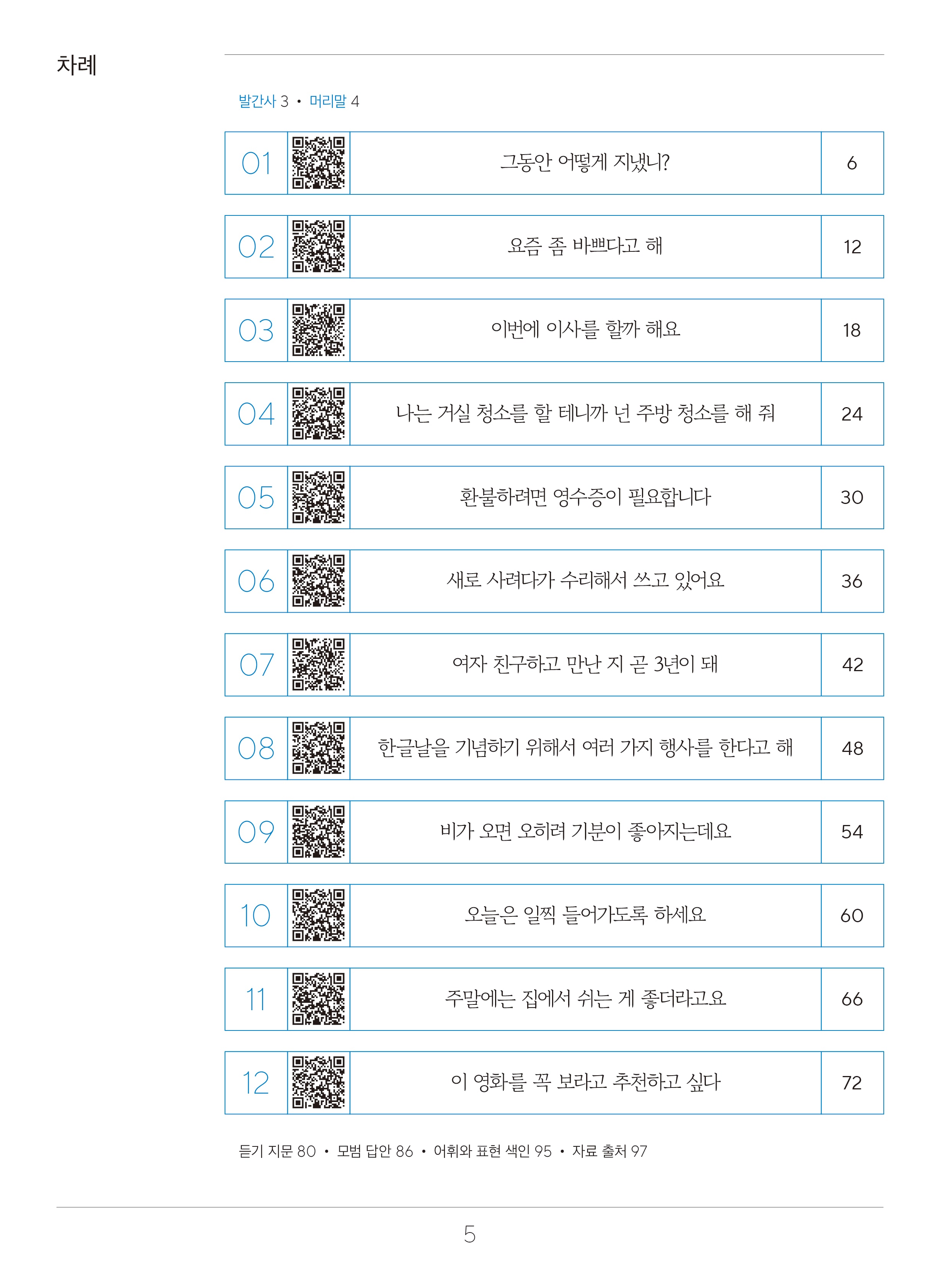 목차  차례  발간사 3 머리말4  1. 그동안 어떻게 지냈니. 페이지 6 2. 요즘 좀 바쁘다고해.페이지 10 3. 이번에 이사를 할까 해요. 페이지14 4. 나는 거실 청소를 할 테니까 넌 주방 청소를 해 줘. 페이지 18 5. 환불하려면 영수증이 필요합니다. 페이지 22 6. 새로 사려다가 수리해서 쓰고 있어요. 페이지 26 7. 여자 친구하고 만난 지 곧 3년이 돼.페이지 30 8. 한글날을 기념하기 위해서 여러 가지 행사를 한다고 해.페이지 34 9. 비가 오면 오히려 기분이 좋아지는데요. 페이지 38 10. 오늘은 일찍 들어가도록 하세요.페이지 42 11. 주말에 집에서 쉬는 게 좋더라고요.페이지 46 12. 이 영화를 꼭 보라고 추천하고 싶다.페이지 50 듣기 지문 페이지80, 모범 답안 페이지86,어휘와 표현 색인 페이지 95,자료 출처 페이지 97