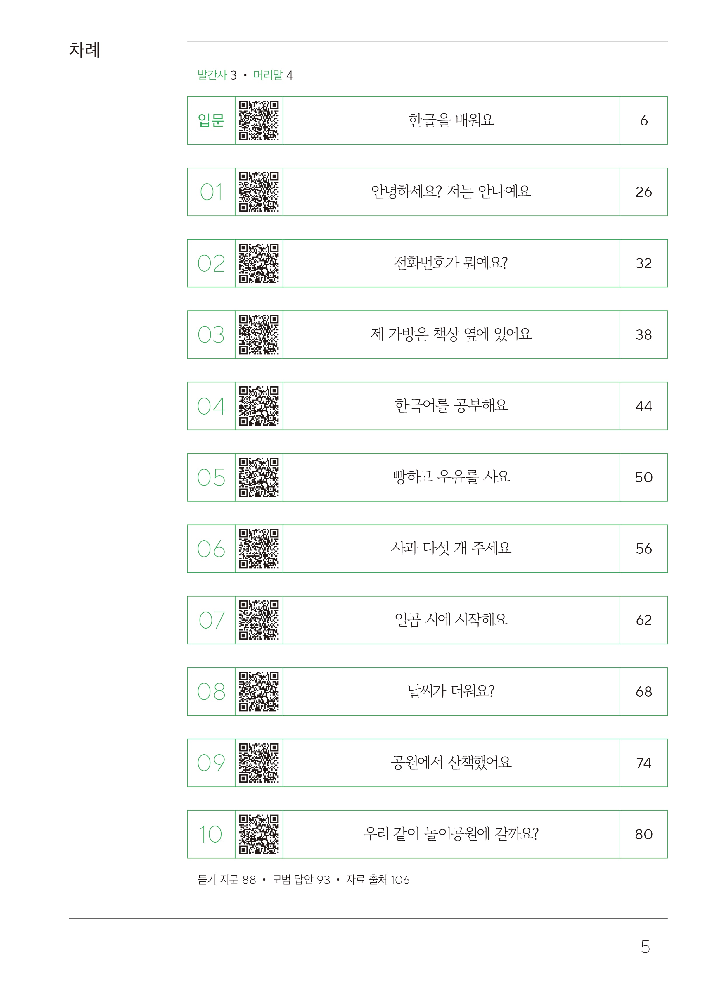 목차차례 발간사3, 머리말4 입문 한글을 배워요 6 01 안녕하세요? 저는 안나예요 26 02 전화번호가 뭐예요? 32 03 제 가방은 책상 옆에 있어요 38 04 한국어를 공부해요 44 05 빵하고 우유하고 사요 50 06 사과 다섯 개 주세요 56 07 일곱 시에 시작해요 62 08 날씨가 더워요? 68 09 공원에서 산책했어요 74 10 우리 같이 놀이공원에 갈까요? 80 듣기 지문 88, 모범 답안 93, 자료 출처 106