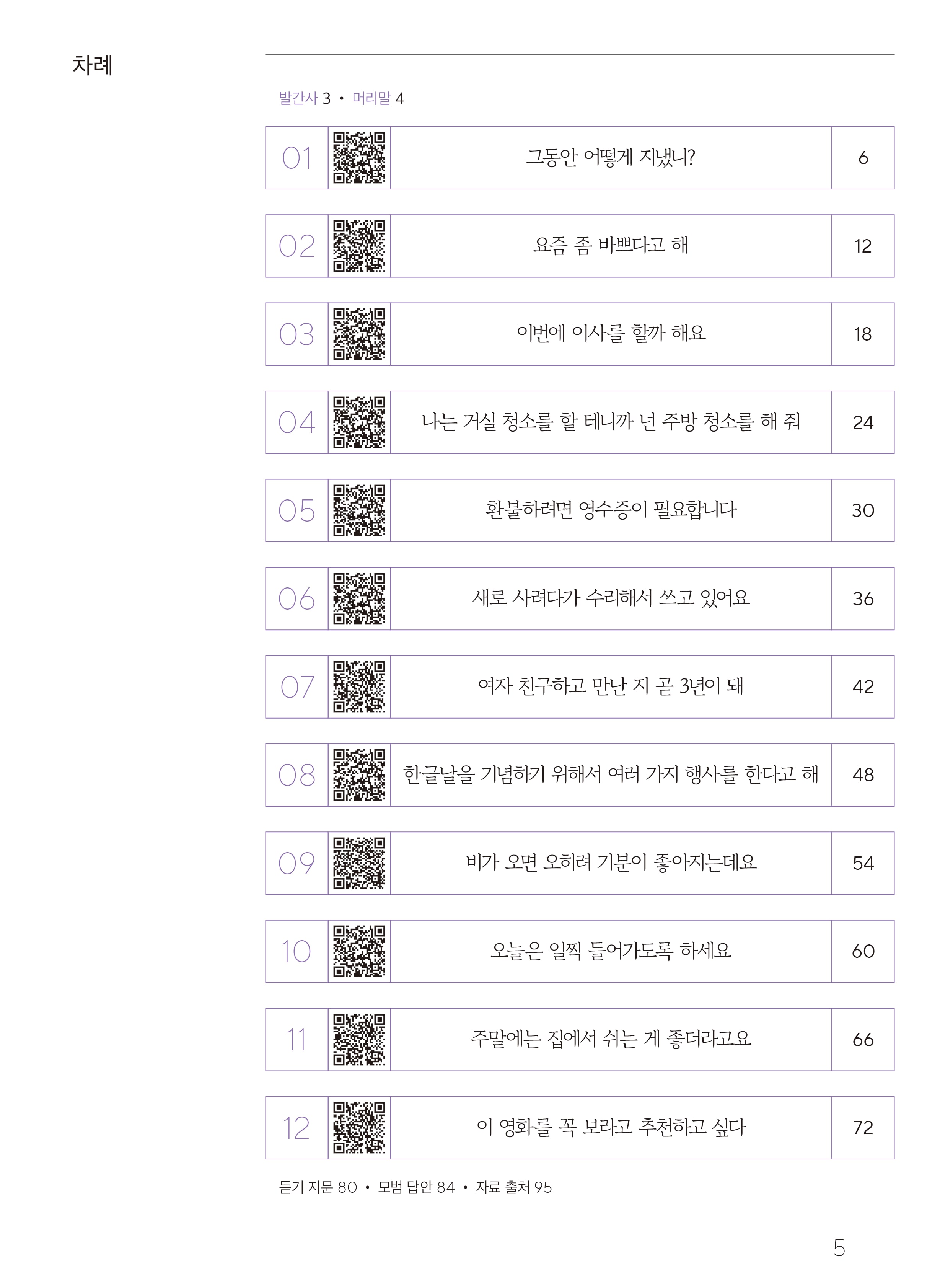 목차차례 발간사3, 머리말4  01 그동안 어떻게 지냈니? 6 02 요즘 좀 바쁘다고 해 12 03 이번에 이사를 할까 해요 18 04 나는 거실 청소를 할 테니까 넌 주방 청소를 해 줘 24 05 환불하려면 영수증이 필요합니다 30 06 새로 사려다가 수리해서 쓰고 있어요 36 07 여자 친구하고 만난 지 곧 3년이 돼 42 08 한글날을 기념하기 위해서 여러 가지 행사를 한다고 해 48 09 비가 오면 오히려 기분이 좋아지는데요 54 10 오늘은 일찍 들어가도록 하세요 60 11 주말에는 집에서 쉬는 게 좋더라고요 66 12 이 영화를 꼭 보라고 추천하고 싶다 72 듣기 지문 80, 모범 답안 84, 자료 출처 95