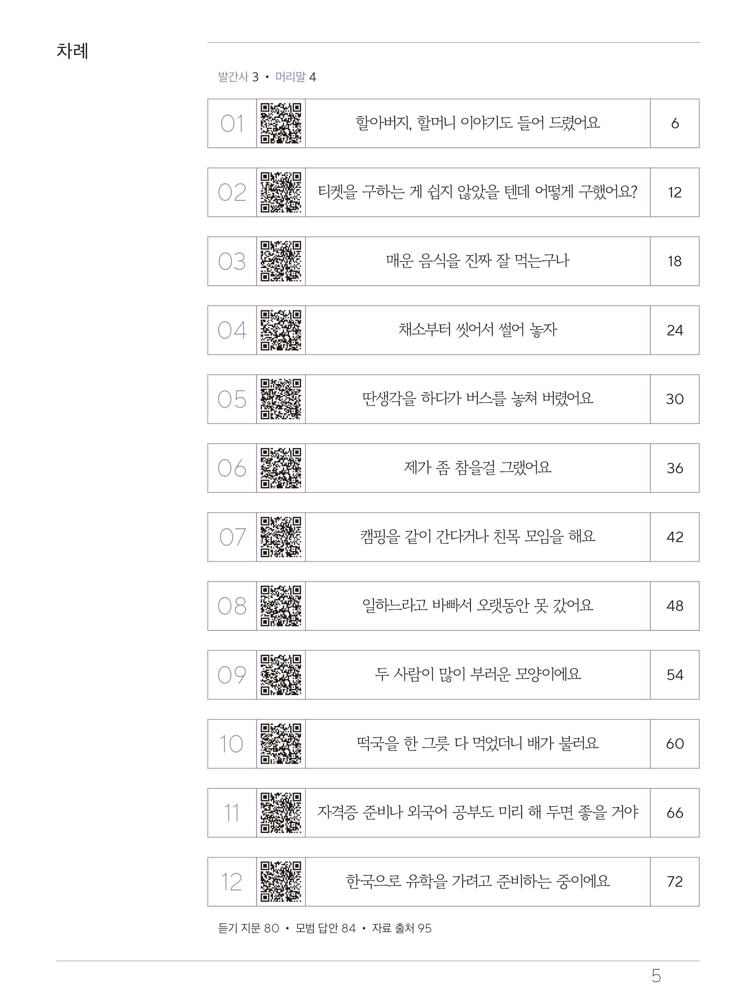목차차례 발간사3, 머리말4  01 할아버지, 할머니 이야기도 들어 드렸어요 6 02 티켓을 구하는 게 쉽지 않았을 텐데 어떻게 구했어요? 12 03 매운 음식을 진짜 잘 먹는구나 18 04 채소부터 씻어서 썰어 놓자 24 05 딴생각을 하다가 버스를 놓쳐 버렸어요 30 06 제가 좀 참을걸 그랬어요 36 07 캠핑을 같이 간다거나 친목 모임을 해요 42 08 일하는라고 바빠서 오랫동안 못 갔어요 48 09 두 사람이 많이 부러운 모양이에요 54 10 떡국을 한 그릇 다 먹었더니 배가 불러요 60 11 자격증 준비나 외국어 공부도 미리 해 두면 좋을 거야 66 12 한국으로 유학을 가려고 준비하는 중이에요 72 듣기 지문 80, 모범 답안 84, 자료 출처 95