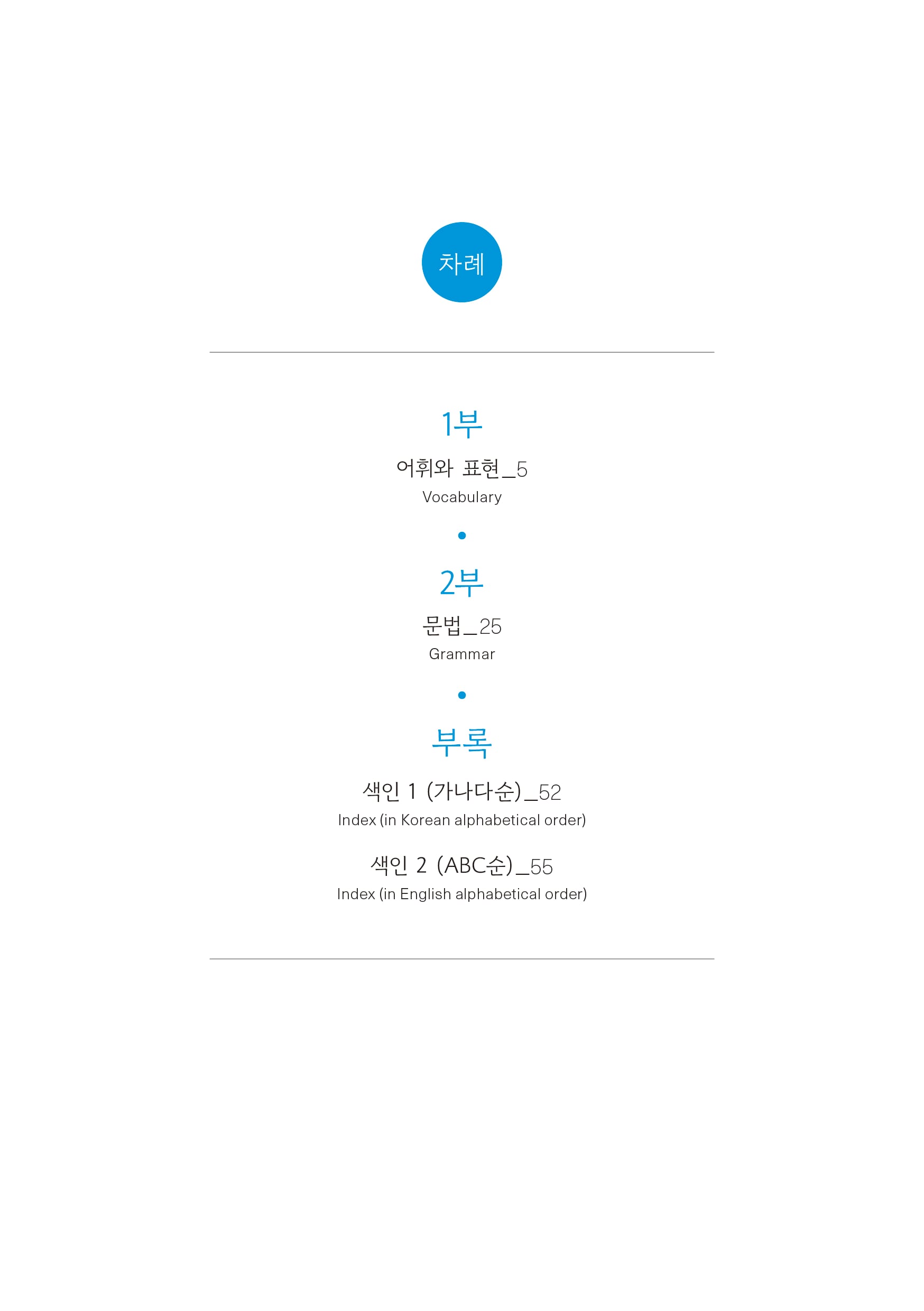 목차차례  1부 어휘와 표현_5 Vocabulary  2부 문법_25 Grammar  부록  색인1(가나다순)_52 Index(in Korean alphabetical order) 색인2(ABC순)_55 Index(in English alphabetical order)