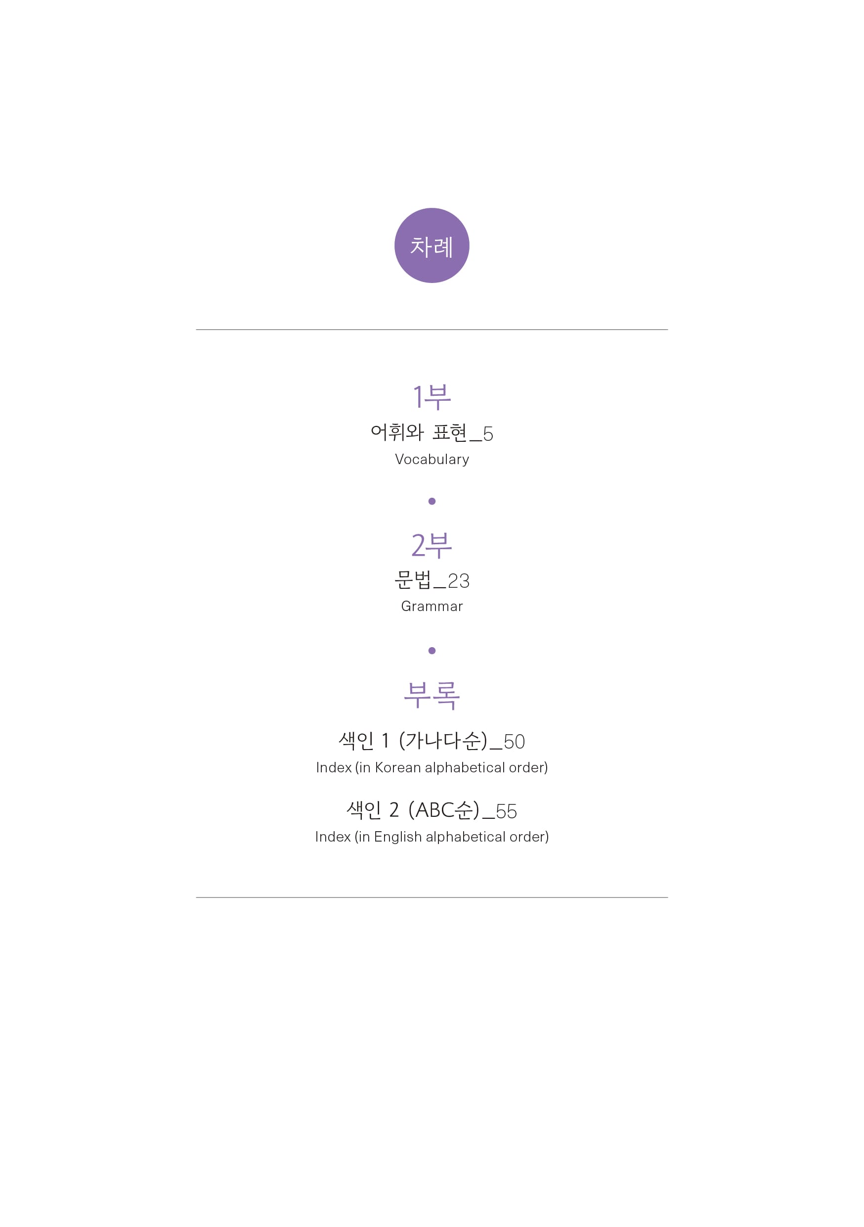 목차차례  1부 어휘와 표현_5 Vocabulary  2부 문법_23 Grammar  부록  색인1(가나다순)_50 Index(in Korean alphabetical order) 색인2(ABC순)_55 Index(in English alphabetical order)