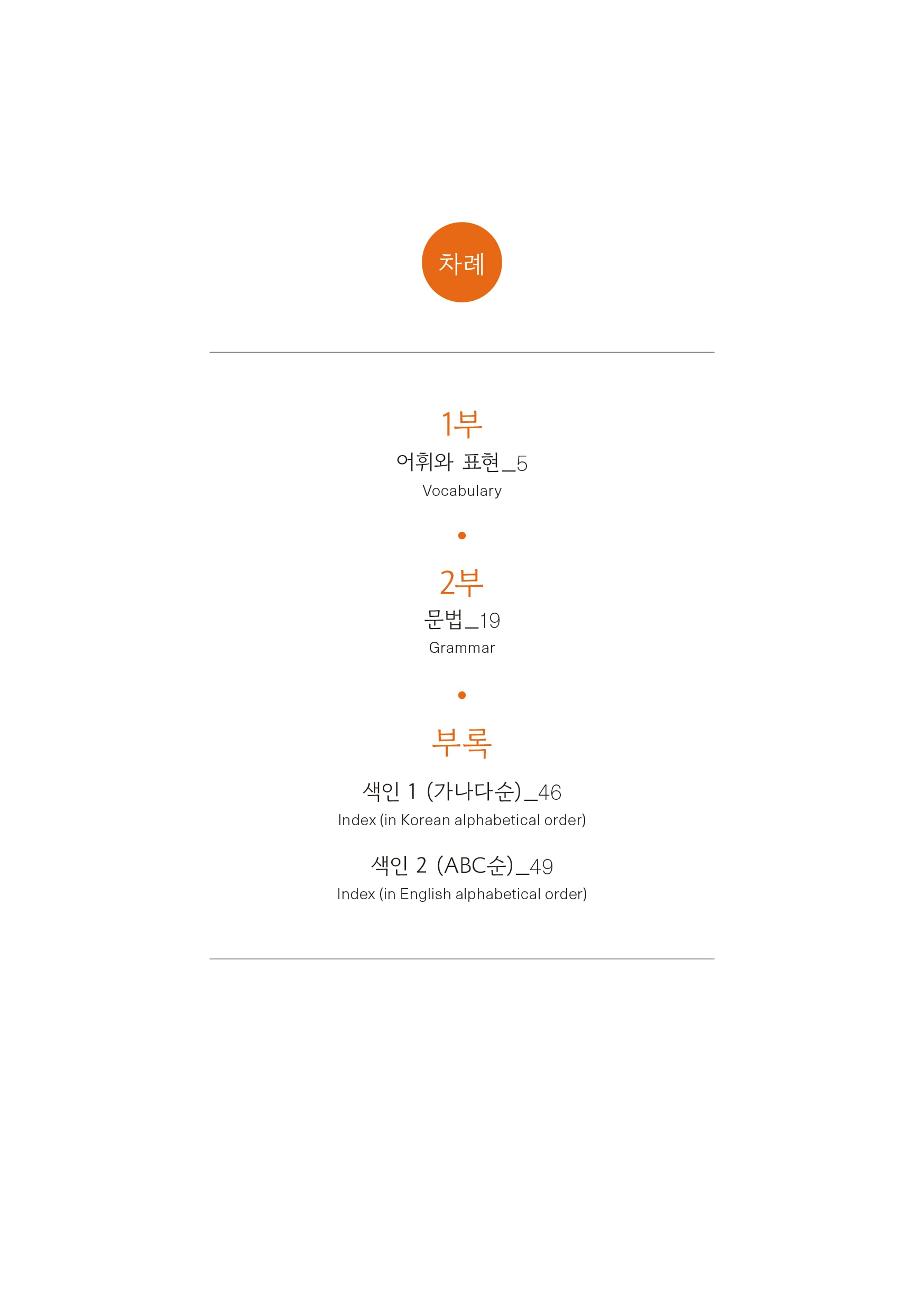 목차차례  1부 어휘와 표현_5 Vocabulary  2부 문법_19 Grammar  부록  색인1(가나다순)_46 Index(in Korean alphabetical order) 색인2(ABC순)_49 Index(in English alphabetical order)