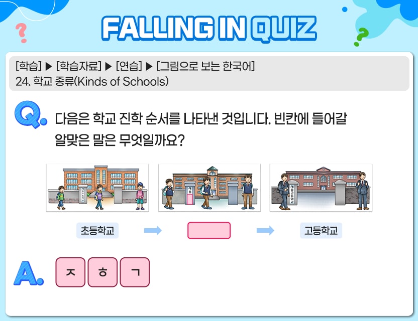 [학습] > [학습자료] > [연습] > [그림으로 보는 한국어] 24. 학교 종류(Kinds of&nbsp;Schools) Q.	다음은 학교 진학 순서를 나타낸 것입니다. 빈칸에 들어갈 알맞은 말은 무엇일까요? 초등학교 -> [         ] -> 고등학교 A. [ㅈ][ㅎ][ㄱ] 정답. 중학교